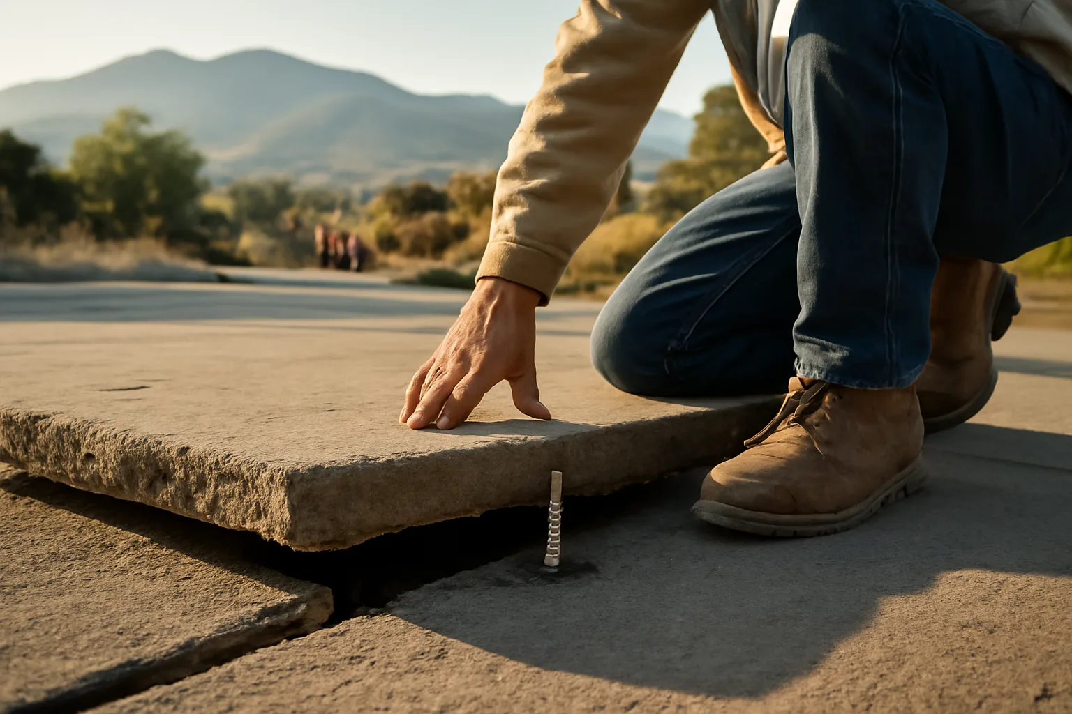 Worker lifting a settled concrete slab on a Colorado residential driveway at sunrise