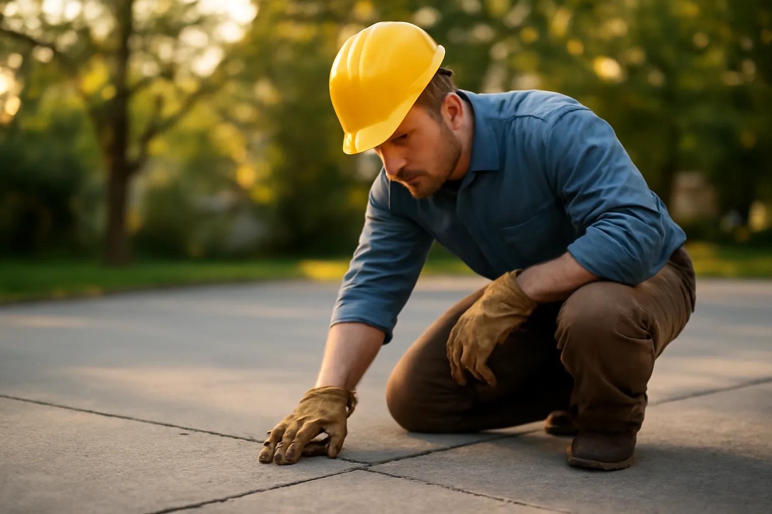 Concrete contractor inspecting a settled residential slab for slab lift repair